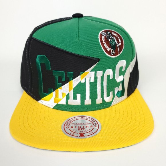 Boston Celtics Mitchell & Ness NBA Snapback Hat Green Yellow Black White Cap NWT - Picture 2 of 8